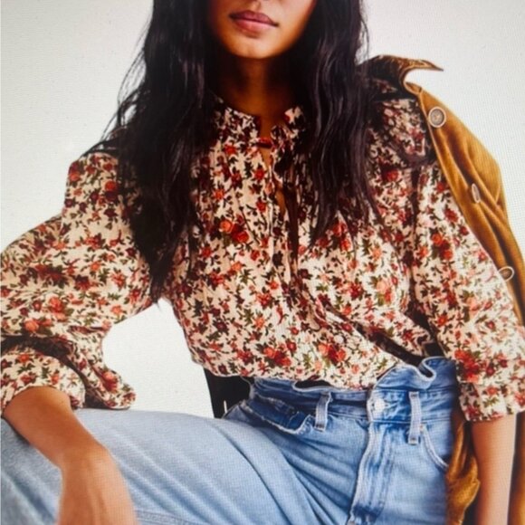 Free People Meant To Be Blouse M Floral Print Ruffle Trim Button Up Long Sleeve - Picture 1 of 14